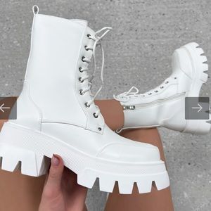 KYM WHITE LACE UP CHUNKY ANKLE BOOTS